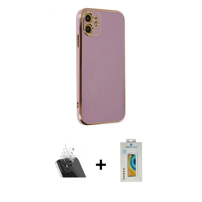 MARSİLYAN™- iPhone 12 Kılıf Yankı Serisi - Siyah Polymer Nano Ekran Koruyucu + Kamera Lens Koruma Cam - SF