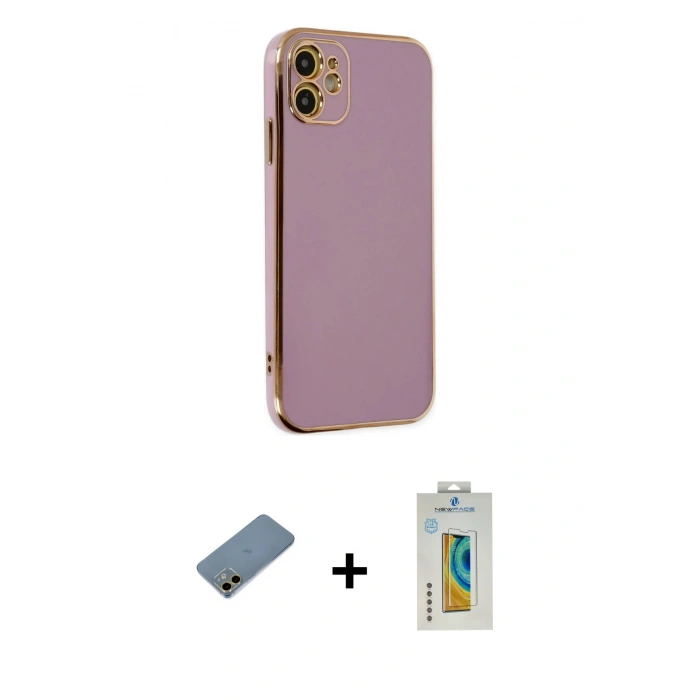 MARSİLYAN™- iPhone 12 Kılıf Yankı Serisi - Siyah Polymer Nano Ekran Koruyucu + Shine Kamera Lens Koruma Cam - GD