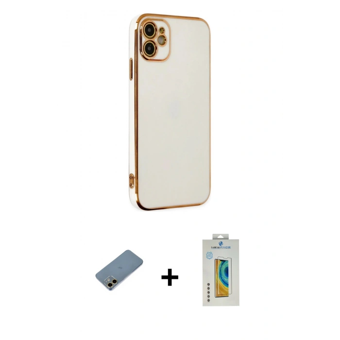 MARSİLYAN™- iPhone 12 Kılıf Yankı Serisi - Siyah Polymer Nano Ekran Koruyucu + Shine Kamera Lens Koruma Cam - GD