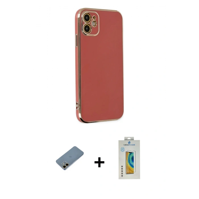 MARSİLYAN™- iPhone 12 Kılıf Yankı Serisi - Siyah Polymer Nano Ekran Koruyucu + Shine Kamera Lens Koruma Cam - GD