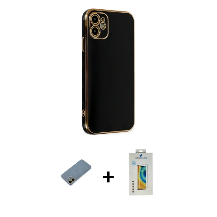 MARSİLYAN™- iPhone 12 Kılıf Yankı Serisi - Siyah Polymer Nano Ekran Koruyucu + Shine Kamera Lens Koruma Cam - GD
