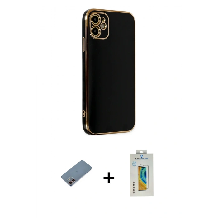 MARSİLYAN™- iPhone 12 Kılıf Yankı Serisi - Siyah Polymer Nano Ekran Koruyucu + Shine Kamera Lens Koruma Cam - PE