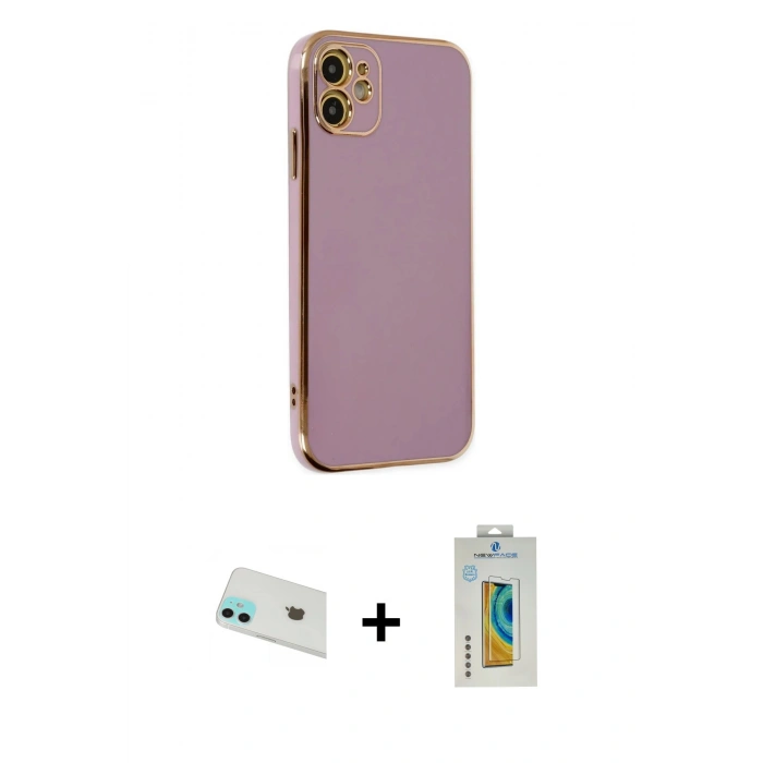 MARSİLYAN™- iPhone 12 Kılıf Yankı Serisi - Siyah Polymer Nano Ekran Koruyucu + Yeşil Rainbow Kamera Lens Koruma Cam