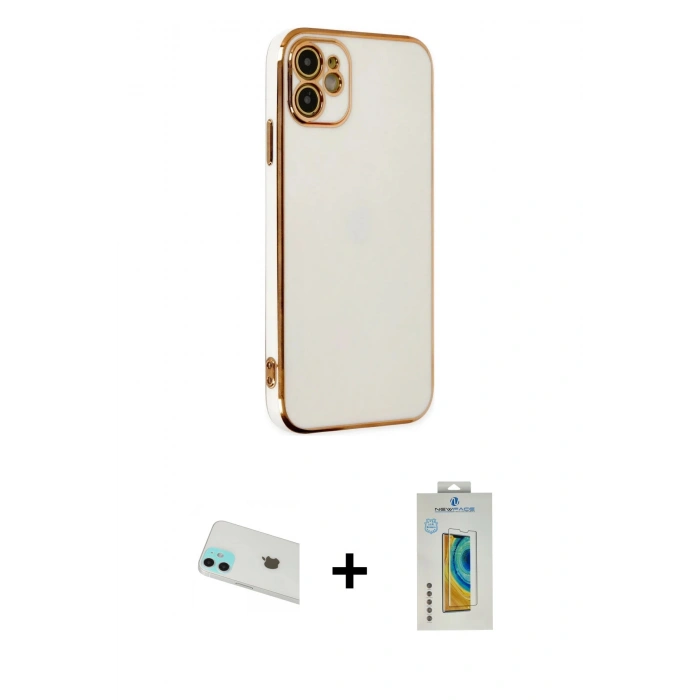 MARSİLYAN™- iPhone 12 Kılıf Yankı Serisi - Siyah Polymer Nano Ekran Koruyucu + Yeşil Rainbow Kamera Lens Koruma Cam