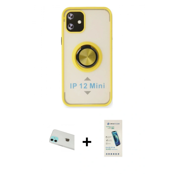 MARSİLYAN™- iPhone 12 Kılıf Yörünge Çizgi - Şeffaf Pasifik Cam Ekran Koruyucu + Rainbow Kamera Lens Koruma Cam - YL