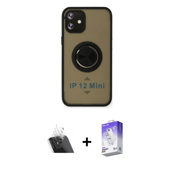 MARSİLYAN™- iPhone 12 Kılıf Yörünge Çizgi - Siyah Bilvis 5in1 3D Magic Cam Ekran Koruyucu + Kamera Lens Koruma Cam - SF
