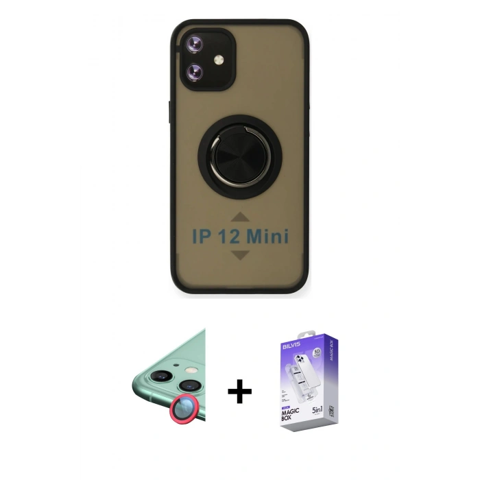 MARSİLYAN™- iPhone 12 Kılıf Yörünge Çizgi - Siyah Bilvis 5in1 3D Magic Cam Ekran Koruyucu + Raze Metal Kamera Lens - KI