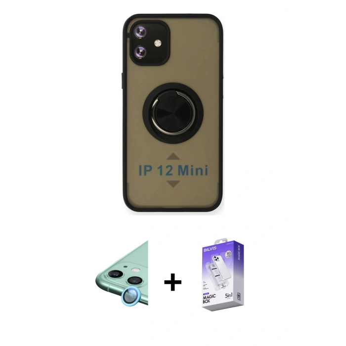MARSİLYAN™- iPhone 12 Kılıf Yörünge Çizgi - Siyah Bilvis 5in1 3D Magic Cam Ekran Koruyucu + Raze Metal Kamera Lens - MI