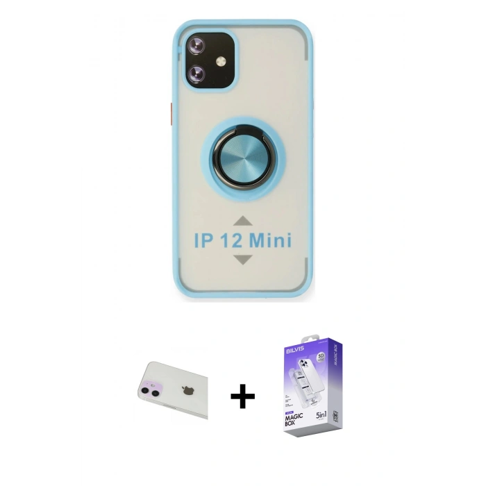MARSİLYAN™- iPhone 12 Kılıf Yörünge Çizgi - Siyah Bilvis 5in1 3D Magic Cam Ekran Koruyucu + Rainbow Kamera Lens Koruma Cam - MR