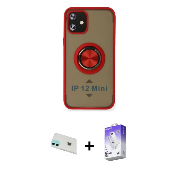 MARSİLYAN™- iPhone 12 Kılıf Yörünge Çizgi - Siyah Bilvis 5in1 3D Magic Cam Ekran Koruyucu + Rainbow Kamera Lens Koruma Cam - YL