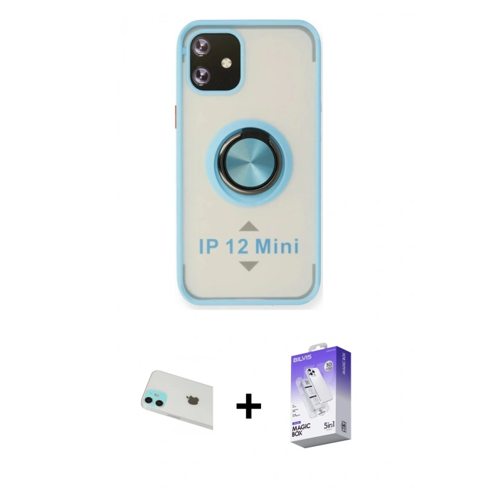 MARSİLYAN™- iPhone 12 Kılıf Yörünge Çizgi - Siyah Bilvis 5in1 3D Magic Cam Ekran Koruyucu + Rainbow Kamera Lens Koruma Cam - YL