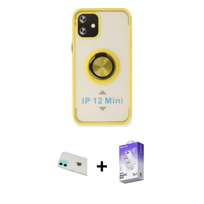 MARSİLYAN™- iPhone 12 Kılıf Yörünge Çizgi - Siyah Bilvis 5in1 3D Magic Cam Ekran Koruyucu + Rainbow Kamera Lens Koruma Cam - YL