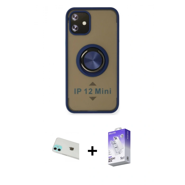 MARSİLYAN™- iPhone 12 Kılıf Yörünge Çizgi - Siyah Bilvis 5in1 3D Magic Cam Ekran Koruyucu + Rainbow Kamera Lens Koruma Cam - YL