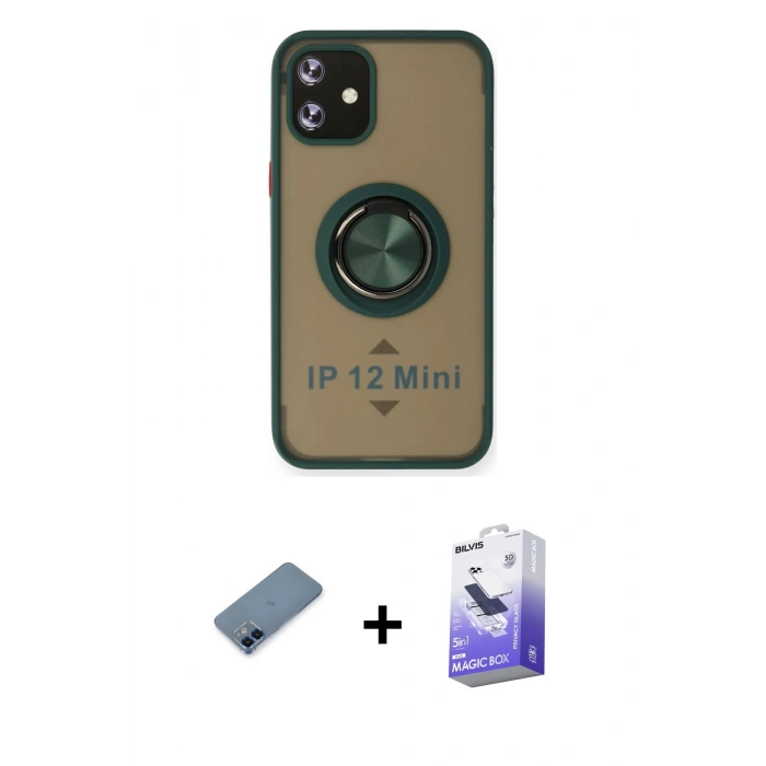 MARSİLYAN™- iPhone 12 Kılıf Yörünge Çizgi - Siyah Bilvis 5in1 5D Magic Hayalet Cam Ekran Koruyucu + Metal Kamera Lens Koruma Cam - MI