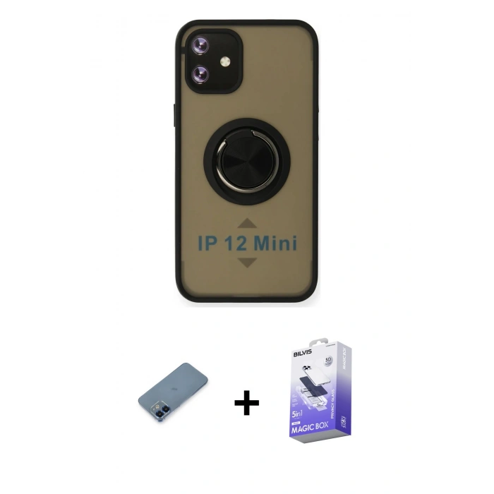 MARSİLYAN™- iPhone 12 Kılıf Yörünge Çizgi - Siyah Bilvis 5in1 5D Magic Hayalet Cam Ekran Koruyucu + Metal Kamera Lens Koruma Cam - MI