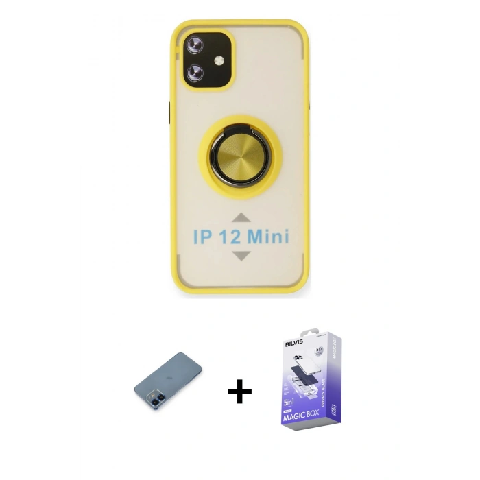 MARSİLYAN™- iPhone 12 Kılıf Yörünge Çizgi - Siyah Bilvis 5in1 5D Magic Hayalet Cam Ekran Koruyucu + Metal Kamera Lens Koruma Cam - MI