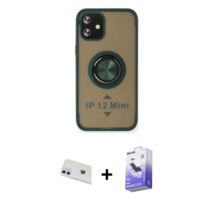 MARSİLYAN™- iPhone 12 Kılıf Yörünge Çizgi - Siyah Bilvis 5in1 5D Magic Hayalet Cam Ekran Koruyucu + Rainbow Kamera Lens Koruma Cam - MR