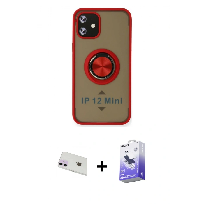 MARSİLYAN™- iPhone 12 Kılıf Yörünge Çizgi - Siyah Bilvis 5in1 5D Magic Hayalet Cam Ekran Koruyucu + Rainbow Kamera Lens Koruma Cam - MR