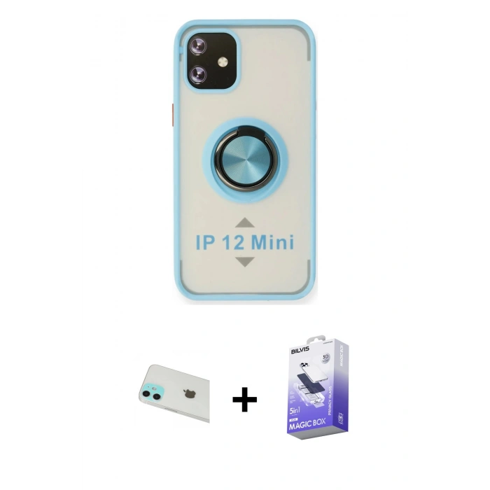 MARSİLYAN™- iPhone 12 Kılıf Yörünge Çizgi - Siyah Bilvis 5in1 5D Magic Hayalet Cam Ekran Koruyucu + Rainbow Kamera Lens Koruma Cam - YL
