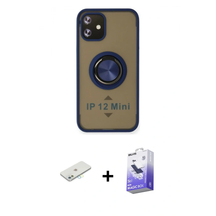 MARSİLYAN™- iPhone 12 Kılıf Yörünge Çizgi - Siyah Bilvis 5in1 5D Magic Hayalet Cam Ekran Koruyucu + Renkli Kamera Lens Koruma Cam - SI