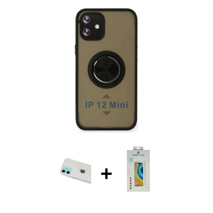 MARSİLYAN™- iPhone 12 Kılıf Yörünge Çizgi - Siyah Polymer Nano Ekran Koruyucu + Rainbow Kamera Lens Koruma Cam - YL