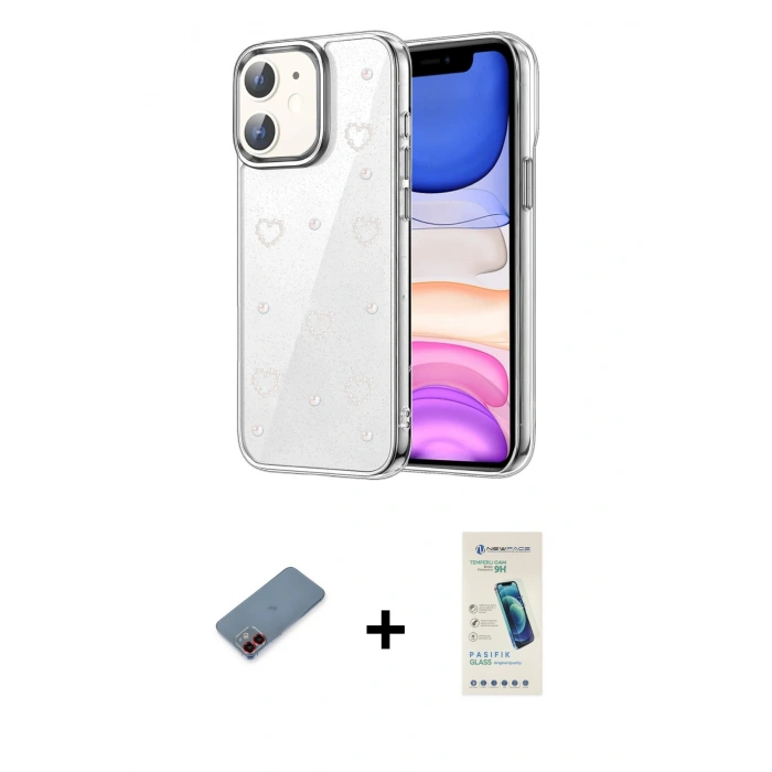 MARSİLYAN™- iPhone 12 Kılıf Yörünge Form - Şeffaf Pasifik Cam Ekran Koruyucu + Metal Kamera Lens Koruma Cam - KI