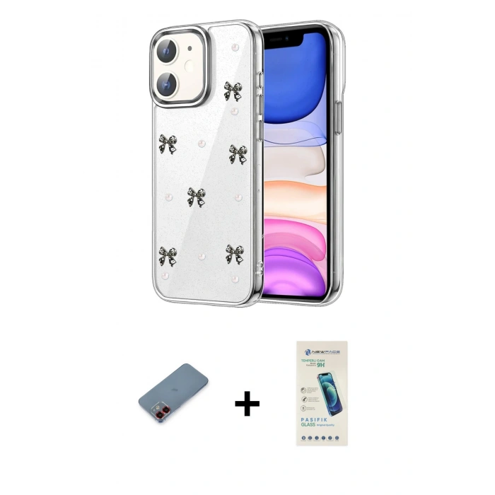 MARSİLYAN™- iPhone 12 Kılıf Yörünge Form - Şeffaf Pasifik Cam Ekran Koruyucu + Metal Kamera Lens Koruma Cam - KI