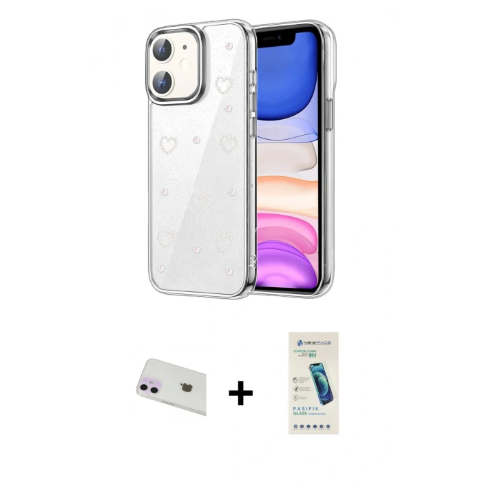 MARSİLYAN™- iPhone 12 Kılıf Yörünge Form - Şeffaf Pasifik Cam Ekran Koruyucu + Rainbow Kamera Lens Koruma Cam - MR