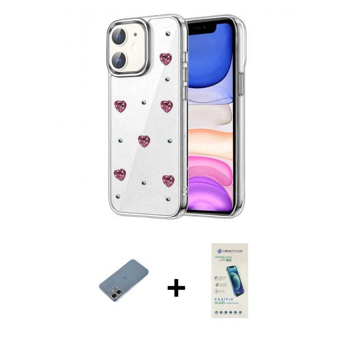 MARSİLYAN™- iPhone 12 Kılıf Yörünge Form - Şeffaf Pasifik Cam Ekran Koruyucu + Shine Kamera Lens Koruma Cam - GI