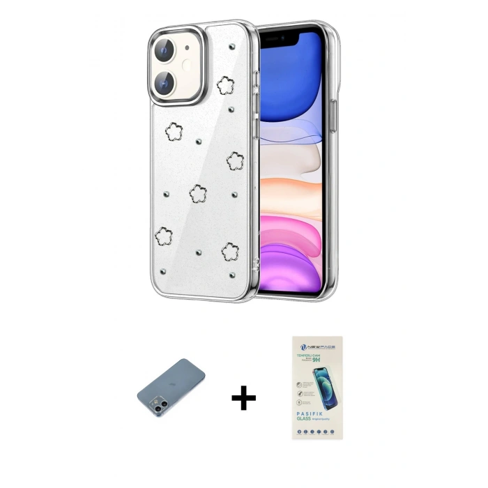 MARSİLYAN™- iPhone 12 Kılıf Yörünge Form - Şeffaf Pasifik Cam Ekran Koruyucu + Shine Kamera Lens Koruma Cam - SABE