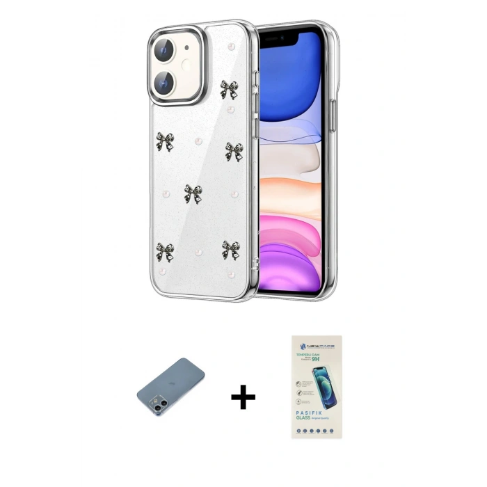 MARSİLYAN™- iPhone 12 Kılıf Yörünge Form - Şeffaf Pasifik Cam Ekran Koruyucu + Shine Kamera Lens Koruma Cam - SABE