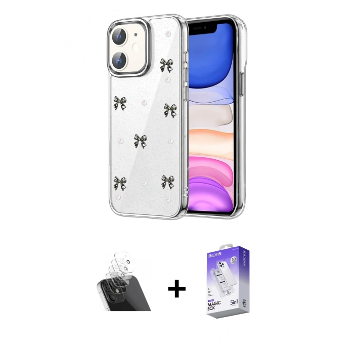 MARSİLYAN™- iPhone 12 Kılıf Yörünge Form - Siyah Bilvis 5in1 3D Magic Cam Ekran Koruyucu + Kamera Lens Koruma Cam - SF