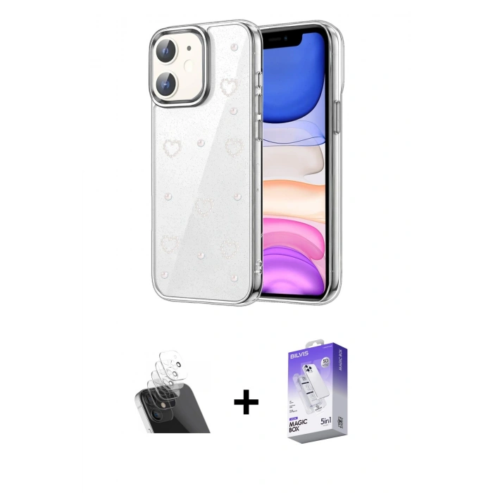 MARSİLYAN™- iPhone 12 Kılıf Yörünge Form - Siyah Bilvis 5in1 3D Magic Cam Ekran Koruyucu + Kamera Lens Koruma Cam - SF
