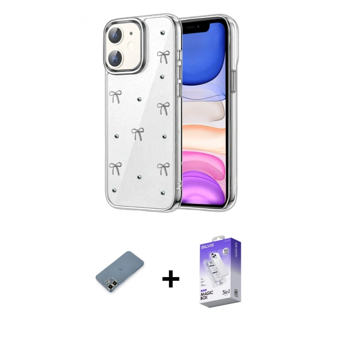 MARSİLYAN™- iPhone 12 Kılıf Yörünge Form - Siyah Bilvis 5in1 3D Magic Cam Ekran Koruyucu + Metal Kamera Lens Koruma Cam - AKYL