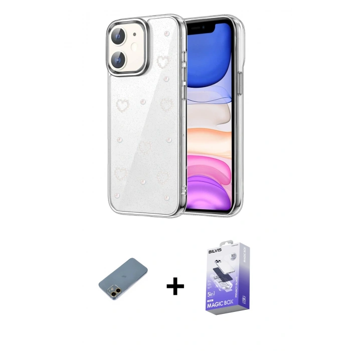 MARSİLYAN™- iPhone 12 Kılıf Yörünge Form - Siyah Bilvis 5in1 5D Magic Hayalet Cam Ekran Koruyucu + Shine Kamera Lens Koruma Cam - GD