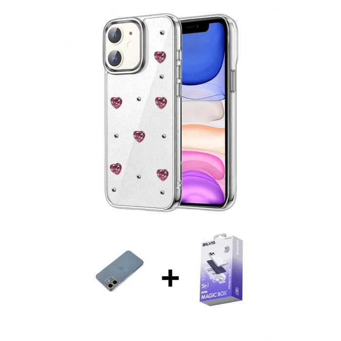 MARSİLYAN™- iPhone 12 Kılıf Yörünge Form - Siyah Bilvis 5in1 5D Magic Hayalet Cam Ekran Koruyucu + Shine Kamera Lens Koruma Cam - GD