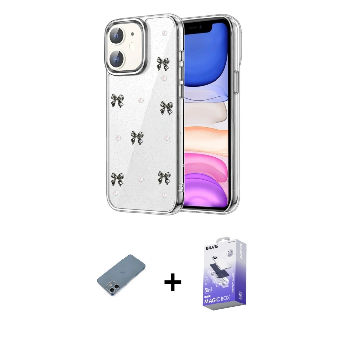 MARSİLYAN™- iPhone 12 Kılıf Yörünge Form - Siyah Bilvis 5in1 5D Magic Hayalet Cam Ekran Koruyucu + Shine Kamera Lens Koruma Cam - SABE
