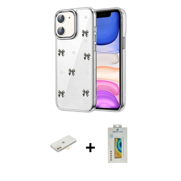 MARSİLYAN™- iPhone 12 Kılıf Yörünge Form - Siyah Polymer Nano Ekran Koruyucu + Renkli Kamera Lens Koruma Cam - SI