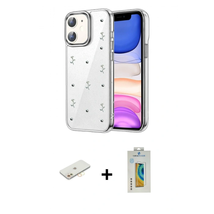 MARSİLYAN™- iPhone 12 Kılıf Yörünge Form - Siyah Polymer Nano Ekran Koruyucu + Renkli Kamera Lens Koruma Cam - SI