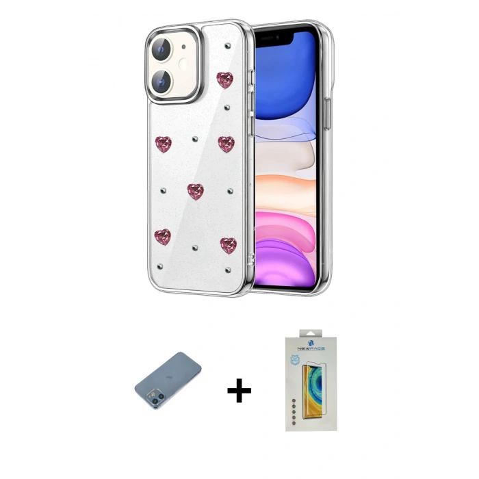 MARSİLYAN™- iPhone 12 Kılıf Yörünge Form - Siyah Polymer Nano Ekran Koruyucu + Shine Kamera Lens Koruma Cam - MI
