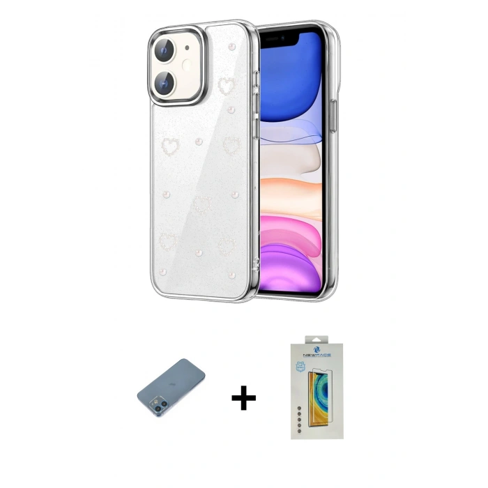 MARSİLYAN™- iPhone 12 Kılıf Yörünge Form - Siyah Polymer Nano Ekran Koruyucu + Shine Kamera Lens Koruma Cam - MI