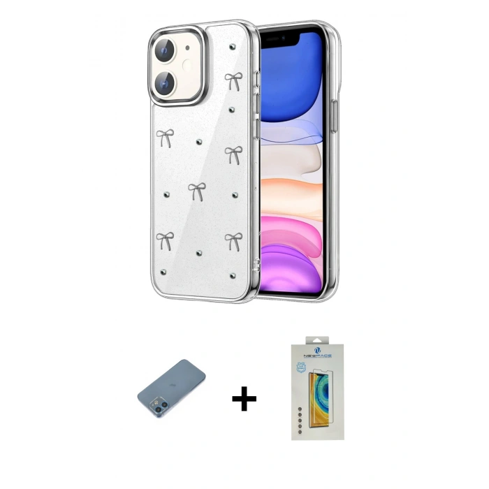 MARSİLYAN™- iPhone 12 Kılıf Yörünge Form - Siyah Polymer Nano Ekran Koruyucu + Shine Kamera Lens Koruma Cam - MI