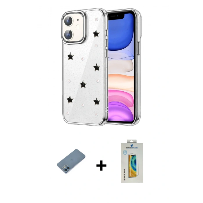 MARSİLYAN™- iPhone 12 Kılıf Yörünge Form - Siyah Polymer Nano Ekran Koruyucu + Shine Kamera Lens Koruma Cam - MI