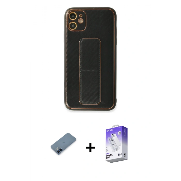 MARSİLYAN™- iPhone 12 Kılıf Yörünge Yansıma - Siyah Bilvis 5in1 3D Magic Cam Ekran Koruyucu + Metal Kamera Lens Koruma Cam - MI