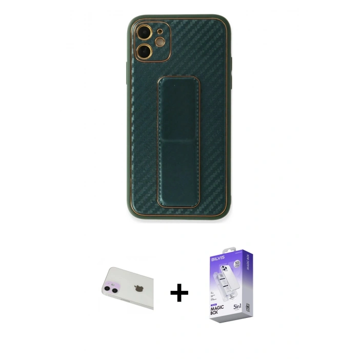 MARSİLYAN™- iPhone 12 Kılıf Yörünge Yansıma - Siyah Bilvis 5in1 3D Magic Cam Ekran Koruyucu + Rainbow Kamera Lens Koruma Cam - MR
