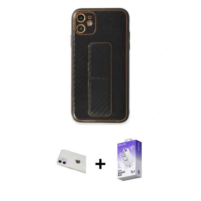 MARSİLYAN™- iPhone 12 Kılıf Yörünge Yansıma - Siyah Bilvis 5in1 3D Magic Cam Ekran Koruyucu + Rainbow Kamera Lens Koruma Cam - MR
