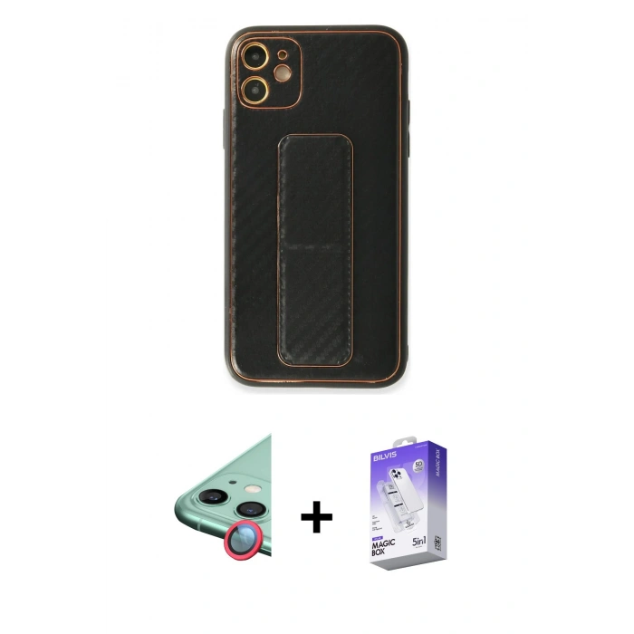 MARSİLYAN™- iPhone 12 Kılıf Yörünge Yansıma - Siyah Bilvis 5in1 3D Magic Cam Ekran Koruyucu + Raze Metal Kamera Lens - KI