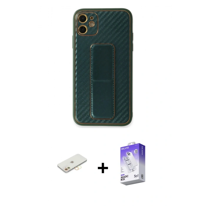 MARSİLYAN™- iPhone 12 Kılıf Yörünge Yansıma - Siyah Bilvis 5in1 3D Magic Cam Ekran Koruyucu + Renkli Kamera Lens Koruma Cam - SI