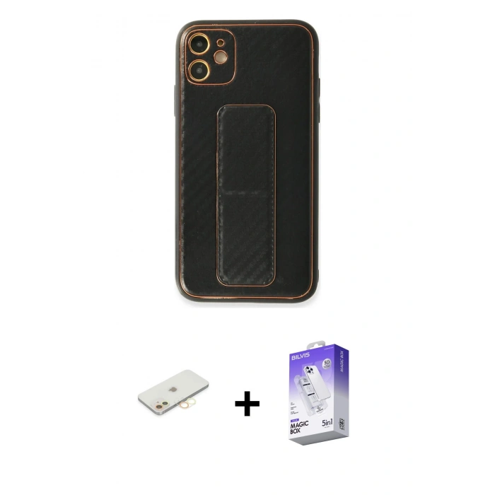 MARSİLYAN™- iPhone 12 Kılıf Yörünge Yansıma - Siyah Bilvis 5in1 3D Magic Cam Ekran Koruyucu + Renkli Kamera Lens Koruma Cam - SI