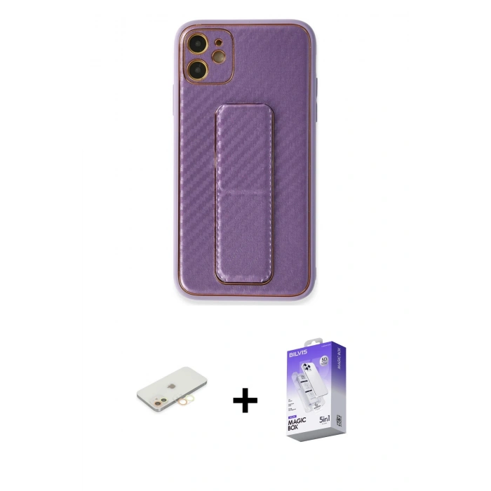 MARSİLYAN™- iPhone 12 Kılıf Yörünge Yansıma - Siyah Bilvis 5in1 3D Magic Cam Ekran Koruyucu + Renkli Kamera Lens Koruma Cam - SI